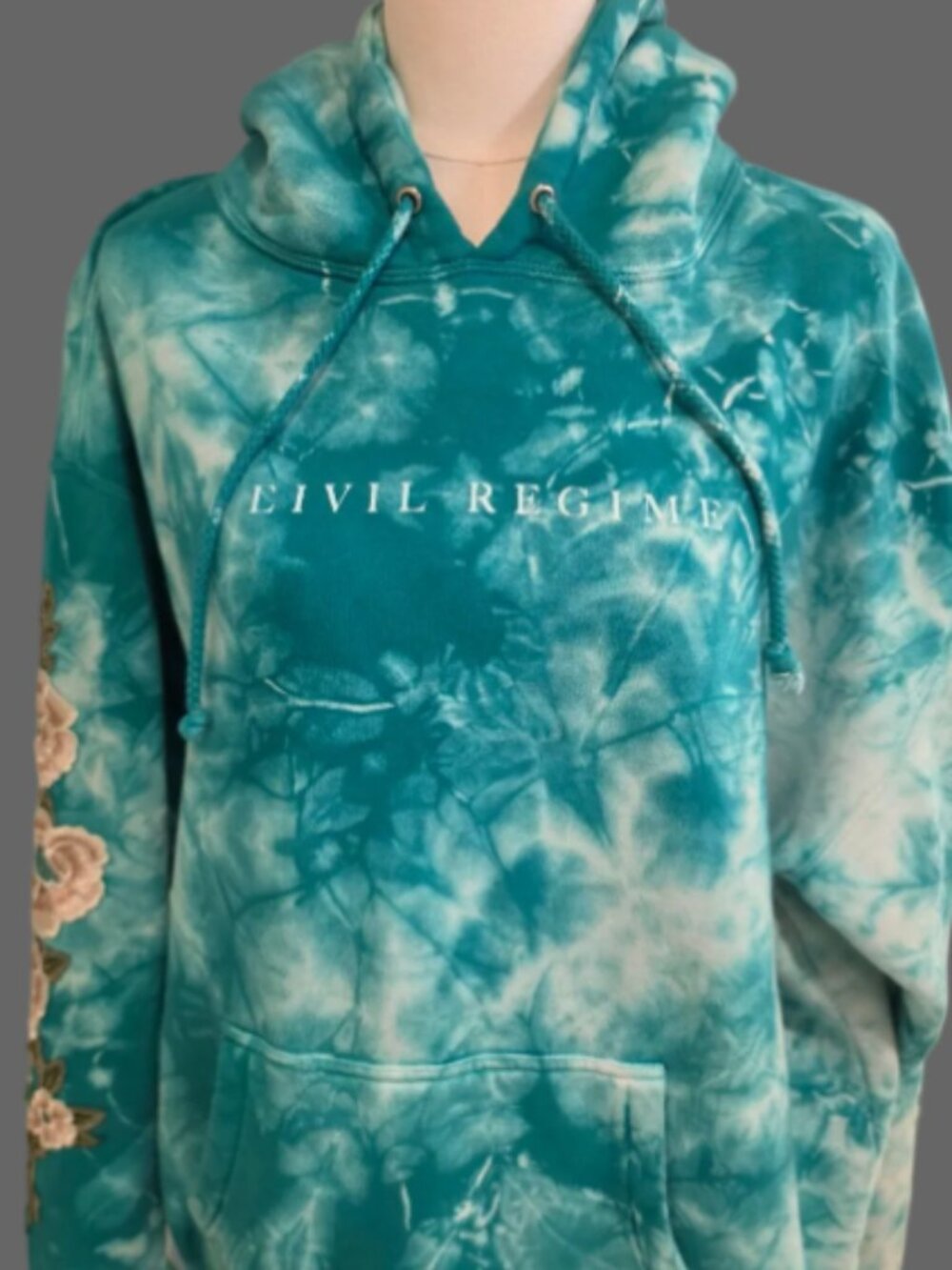 Civil Regime Teal Tie Dye Floral Embroidered Pullover Hoodie